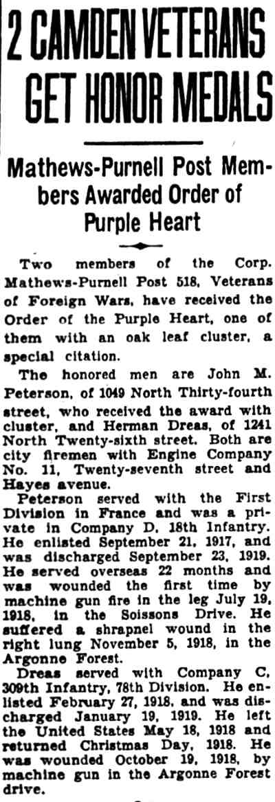 Camden Courier-Post clipping: 2 Camden Veterans Get Honor Medals