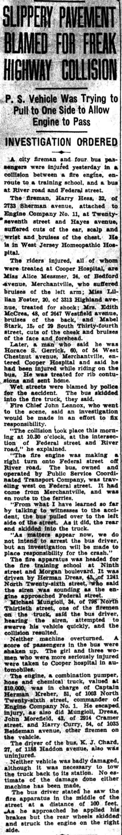 Camden Courier-Post, October 27, 1934 — Slippery Pavement Blamed for Freak Highway Collision (full article)