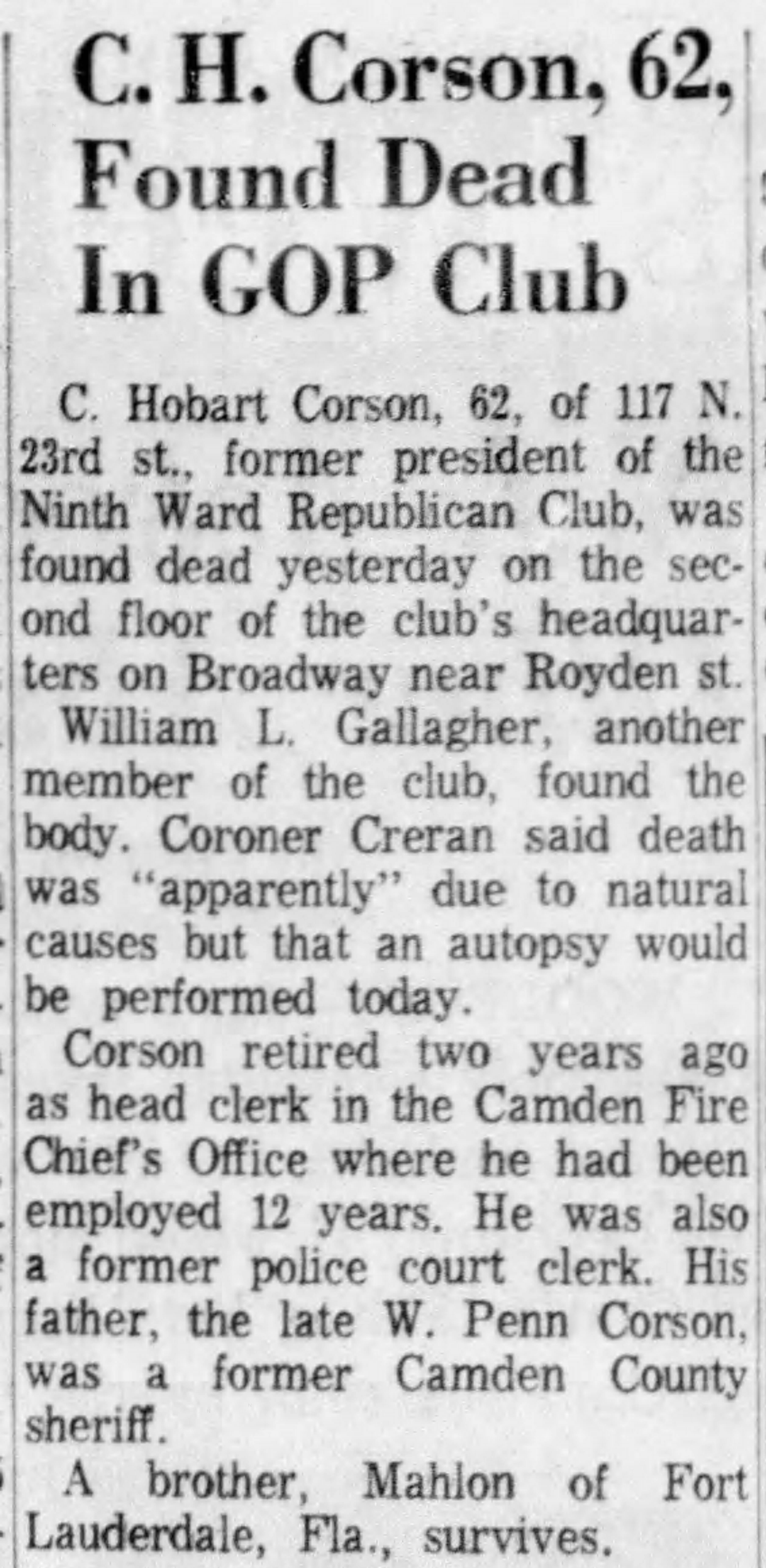 Camden Courier-Post, May 16, 1964 — C. H. Corson, 62, Found Dead In GOP Club
