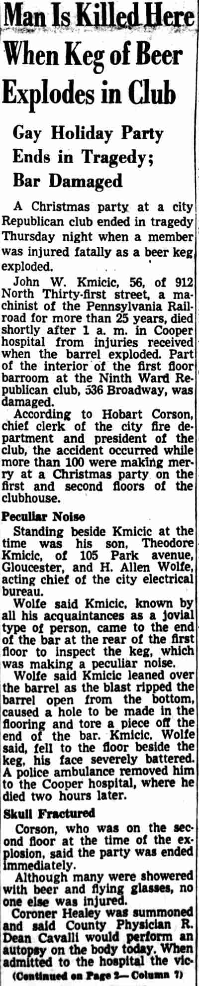 Camden Courier-Post, December 23, 1949 — Man Is Killed Here When Keg of Beer Explodes in Club