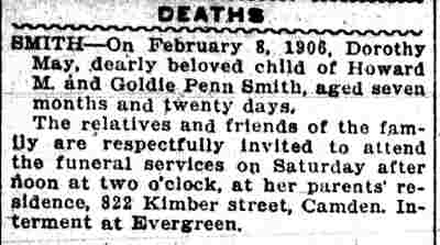 Camden Evening Courier, February 9, 1906 — Death notice for Dorothy May Smith