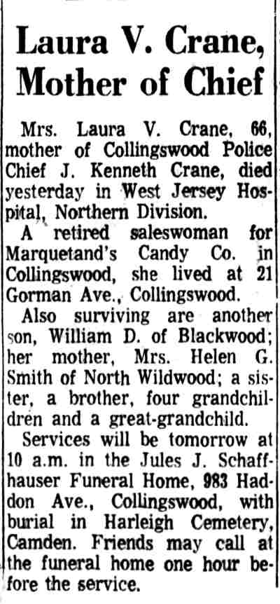 Camden Courier-Post, October 4, 1968 — Laura V. Crane, Mother of Chief