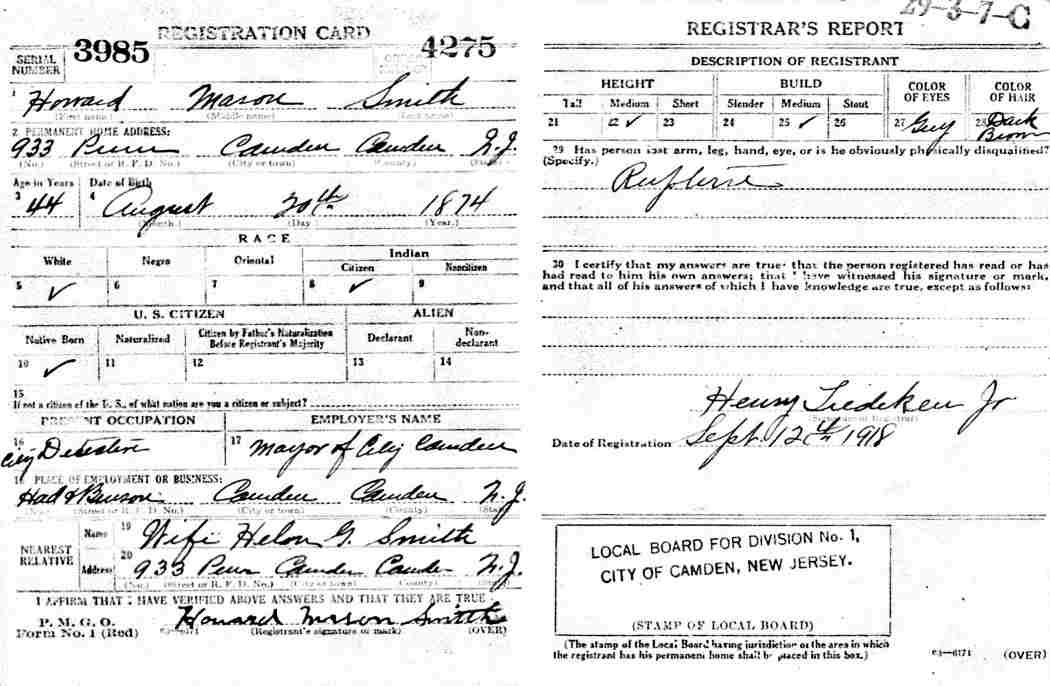 Howard M. Smith World War I Draft Registration Card, September 12, 1918