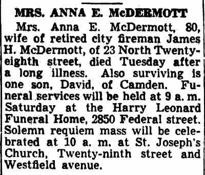 Camden Courier-Post clipping, October 7, 1943, obituary for Mrs. Anna E. McDermott of 23 North 28th Street