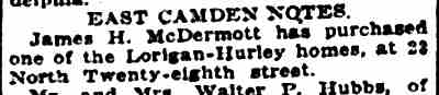 Camden Post-Telegram clipping, October 20, 1923, announcing James H. McDermott's purchase of a home at 23 North 28th Street