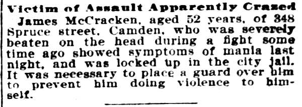Philadelphia Inquirer, November 7, 1899 — Victim of Assault Apparently Crazed