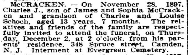 Philadelphia Inquirer, November 29, 1897 — McCRACKEN death notice