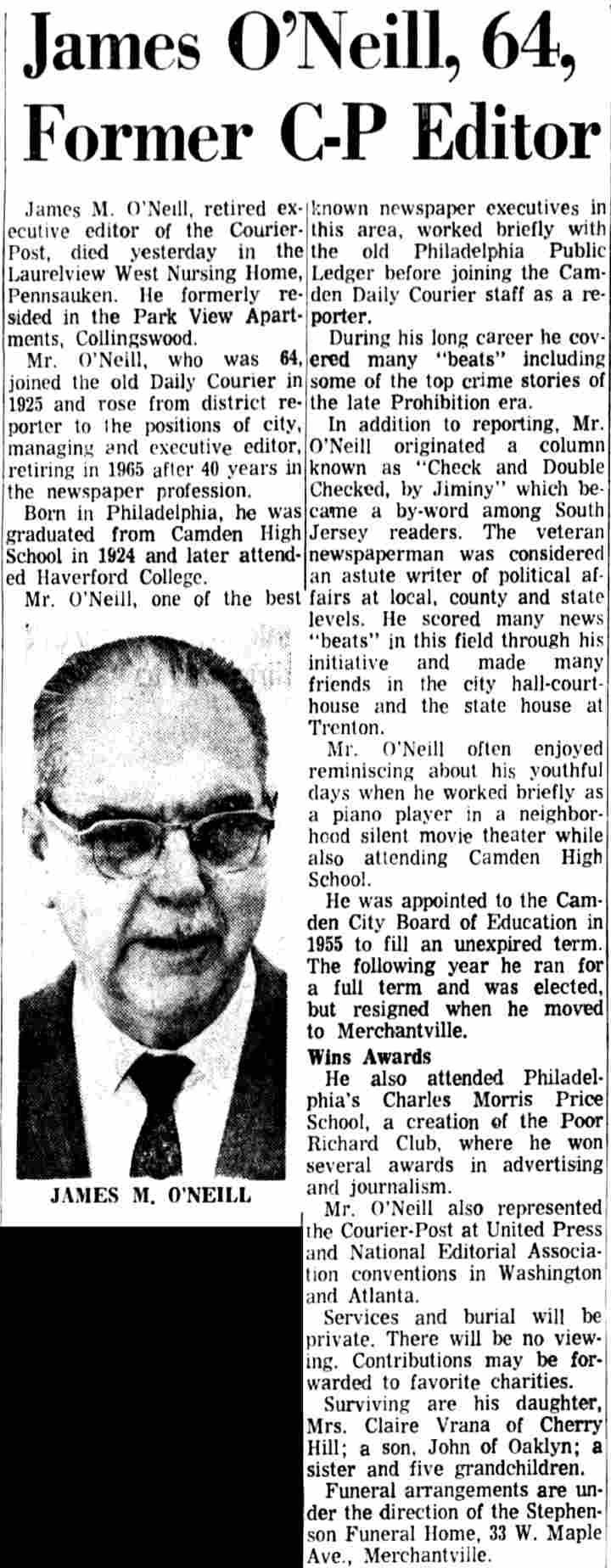 Obituary of James M. O'Neill, Camden Courier-Post, November 12, 1970