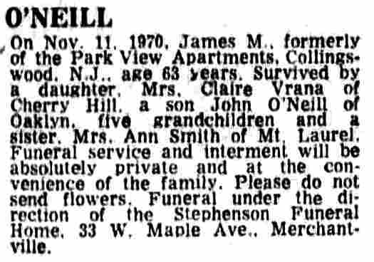 James M. O'Neill obituary notice, November 1970