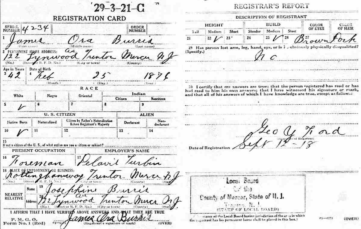 World War I Draft Card — James Ora Burris, September 12, 1918