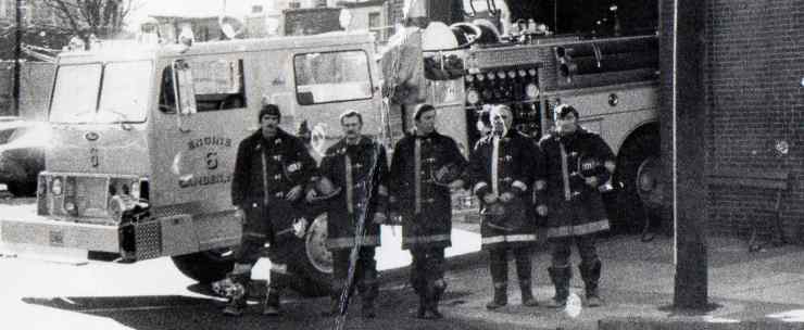 Engine Company 6 crew, about 1984: Jerry Garten Jr., Captain Stanley Wysocki, Robert Basile, Charles Panelli, Gus Barbetta