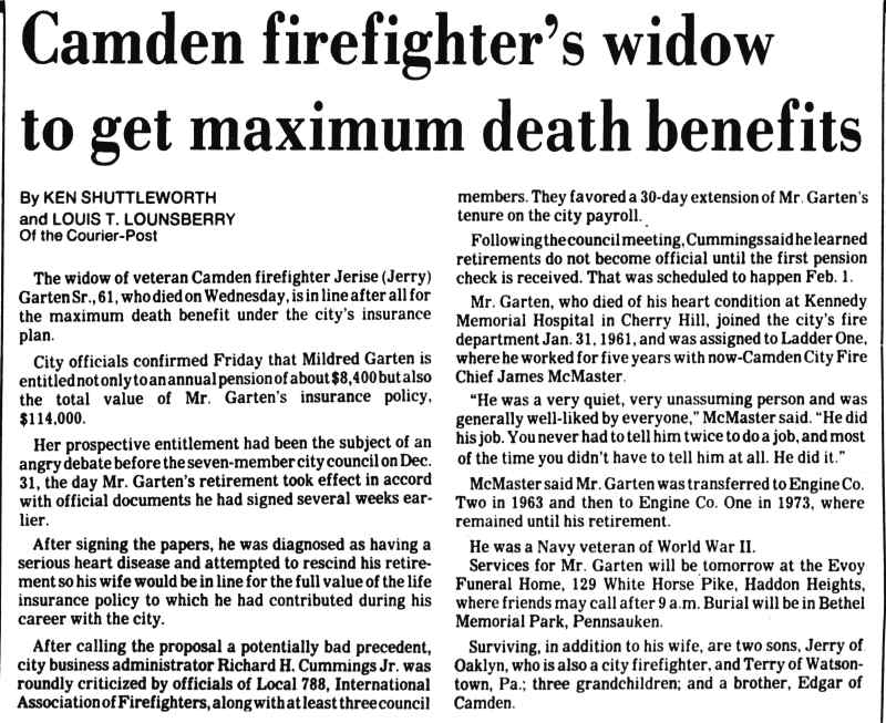 Camden Courier-Post article, January 18, 1987, about the death benefits for Jerise Garten Sr.'s widow