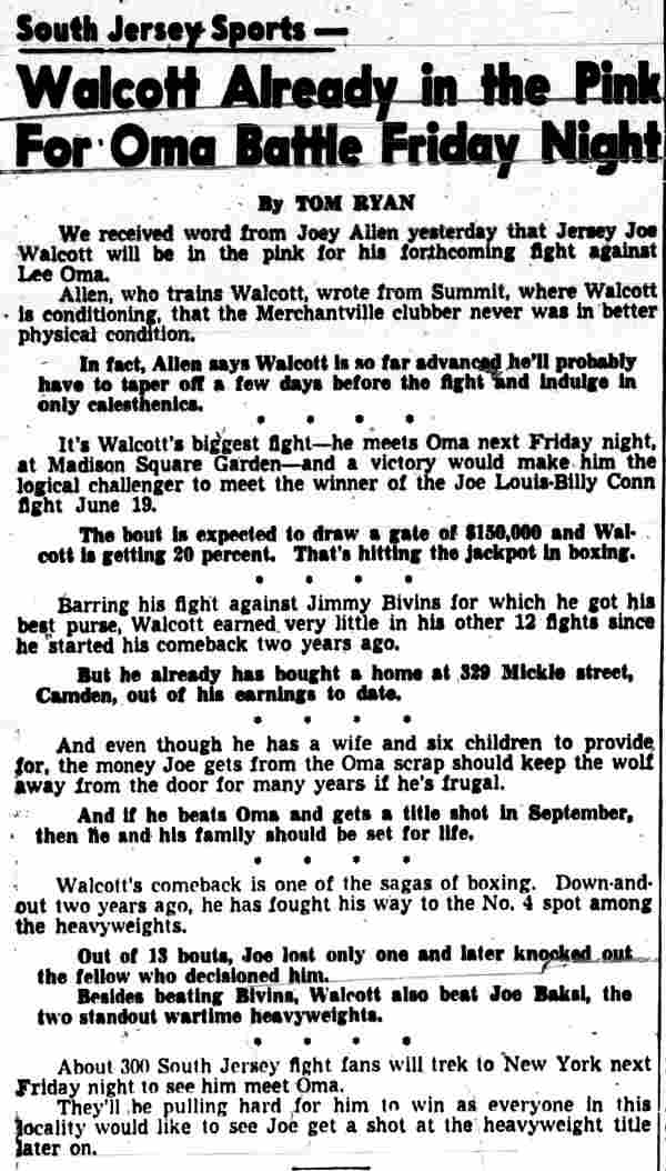Walcott Already in the Pink For Oma Battle Friday Night, by Tom Ryan, May 18, 1946