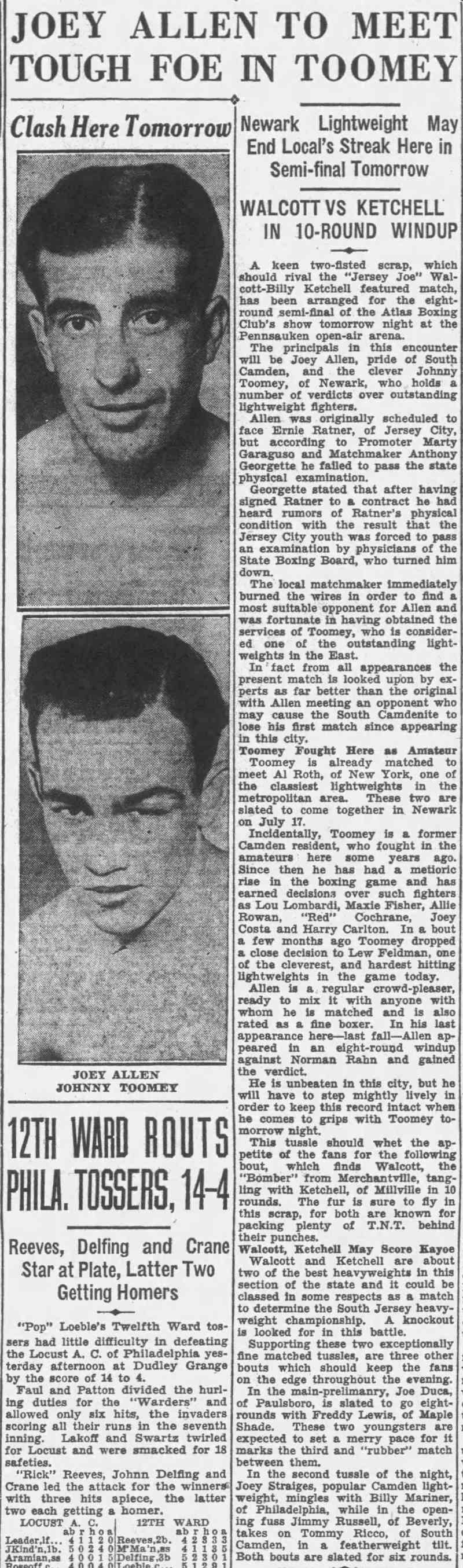 Camden Courier-Post July 13, 1936 — Joey Allen to Meet Tough Foe in Toomey