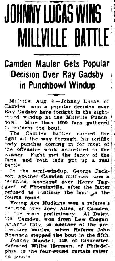 Johnny Lucas Wins Millville Battle — Camden Courier-Post, August 9, 1930