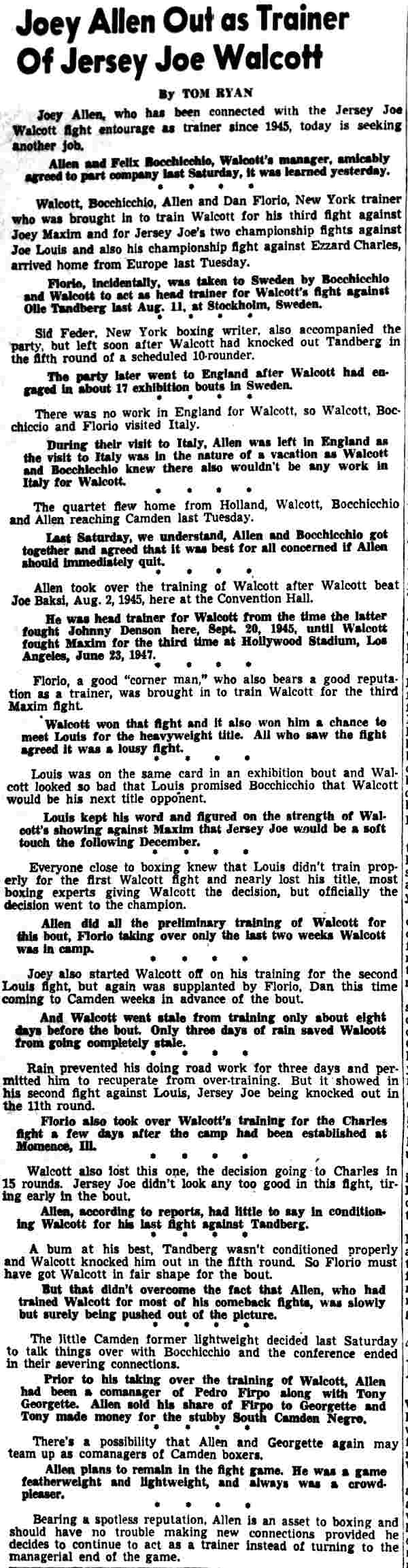Joey Allen Out as Trainer Of Jersey Joe Walcott, by Tom Ryan, October 12, 1949