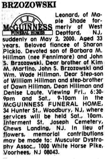 Obituary of Leonard Brzozowski — Camden Courier-Post, May 4, 2000