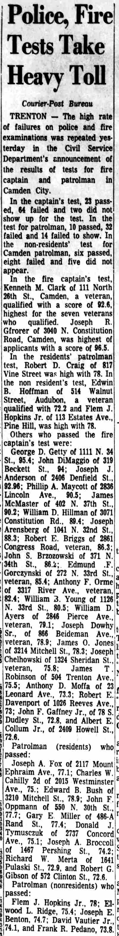 Fire captain test results, Camden Courier-Post, June 28, 1968