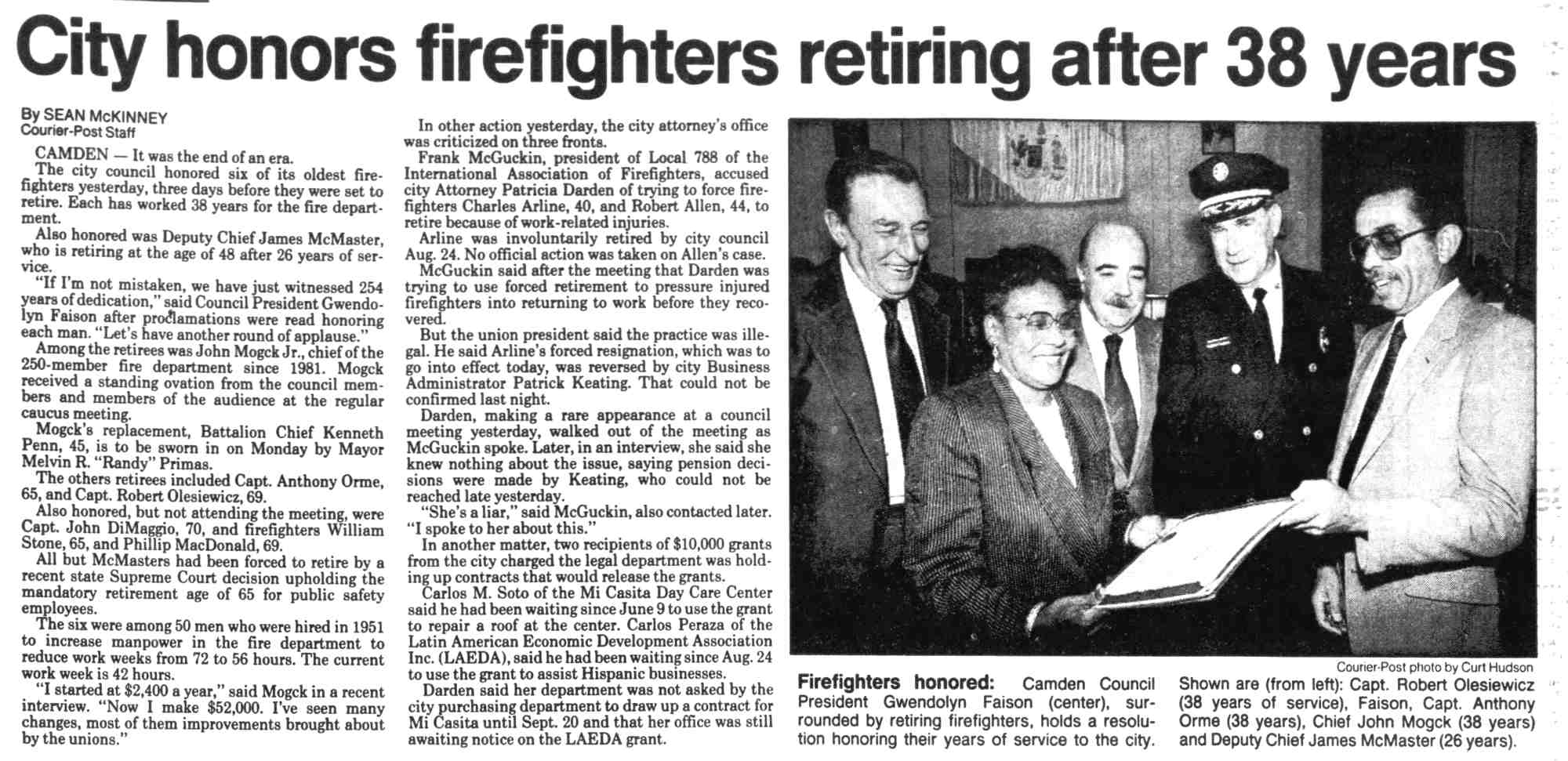 Fire Department retirees honored article, September 29, 1989