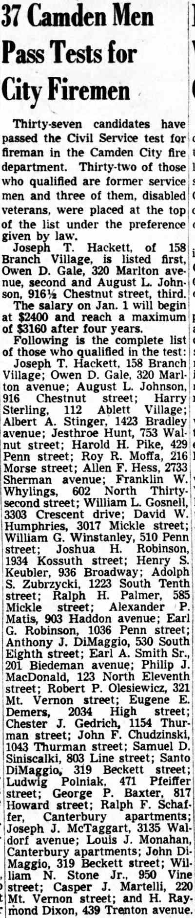 Camden Courier-Post article on firefighter promotions, December 9, 1949