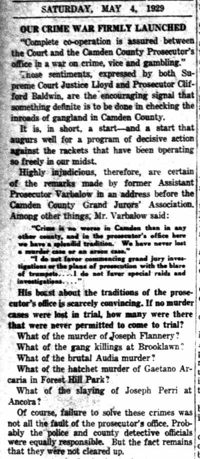 Camden Courier-Post, May 4, 1929 — Our Crime War Firmly Launched (editorial)