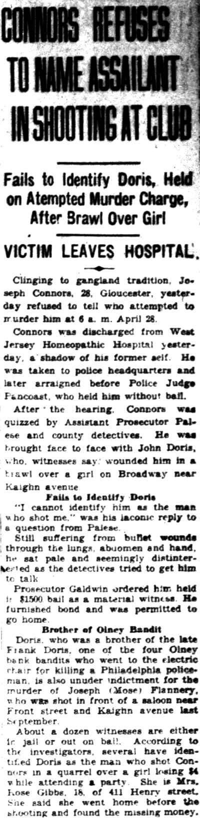 Camden Courier-Post, May 16, 1929 — Connors Refuses to Name Assailant in Shooting at Club