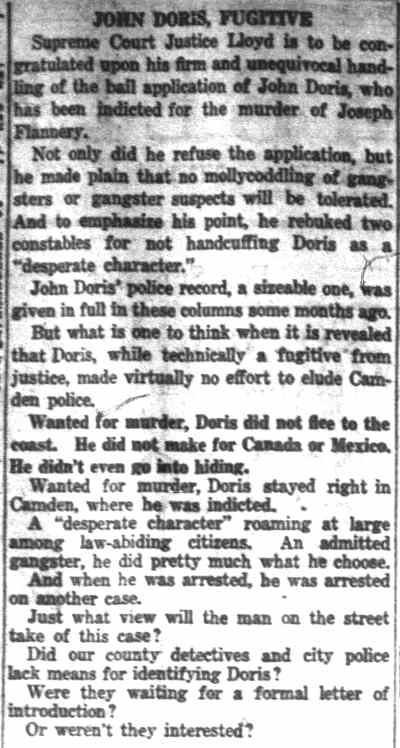Camden Courier-Post, June 12, 1929 — John Doris, Fugitive (editorial)