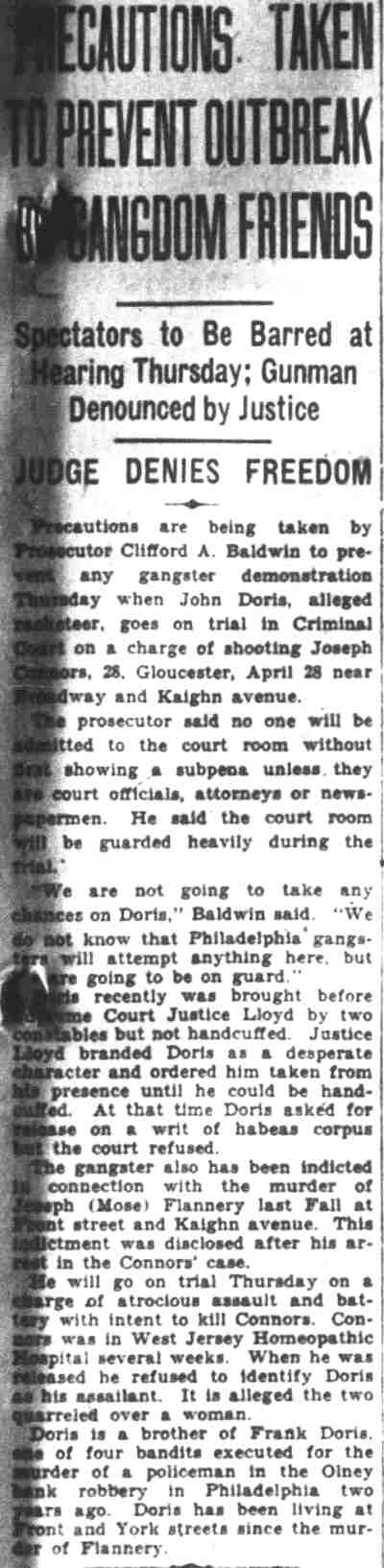 Camden Courier-Post, June 25, 1929 — Precautions Taken to Prevent Outbreak by Gangdom Friends