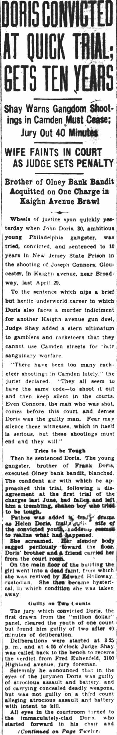 Camden Courier-Post, September 17, 1929 — Doris Convicted at Quick Trial; Gets Ten Years