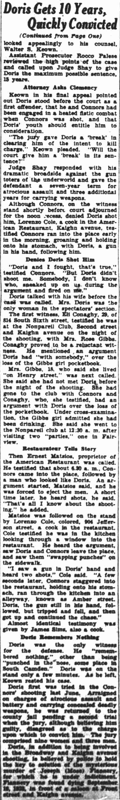 Camden Courier-Post, September 17, 1929 — Doris Gets 10 Years, Quickly Convicted (continued)