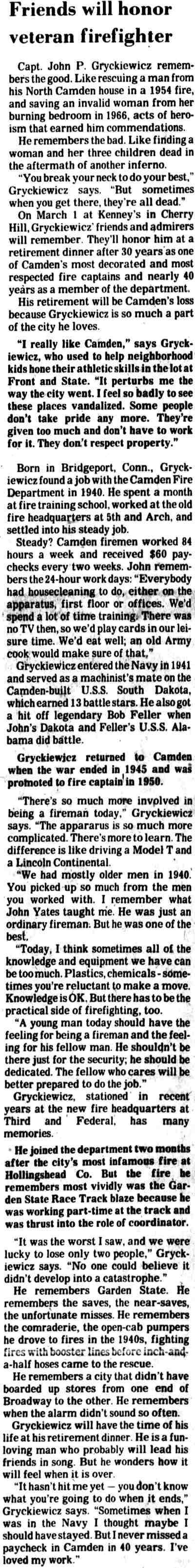 Camden Courier-Post, February 15, 1980 — Friends will honor veteran firefighter John Gryckiewicz
