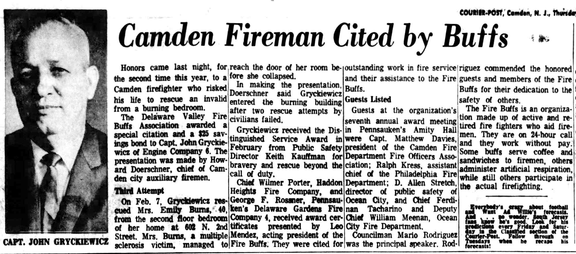 Camden Fireman Cited by Buffs - Courier-Post September 22, 1966