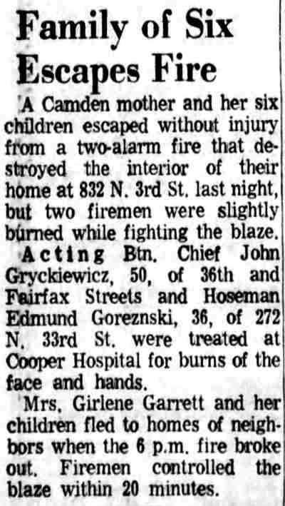 Family of Six Escapes Fire, Camden Courier-Post August 27, 1968