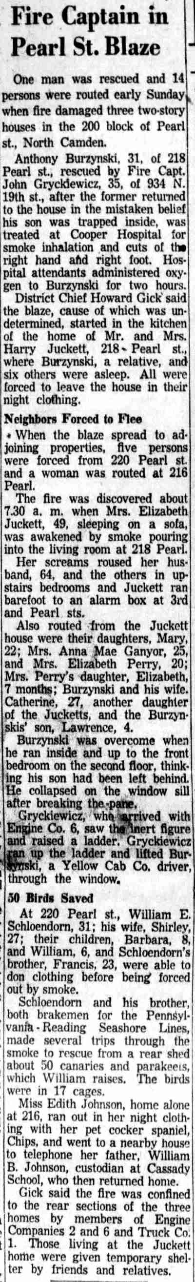 Camden Courier-Post, October 26, 1953 — Fire Captain Gryckiewicz in Pearl Street blaze
