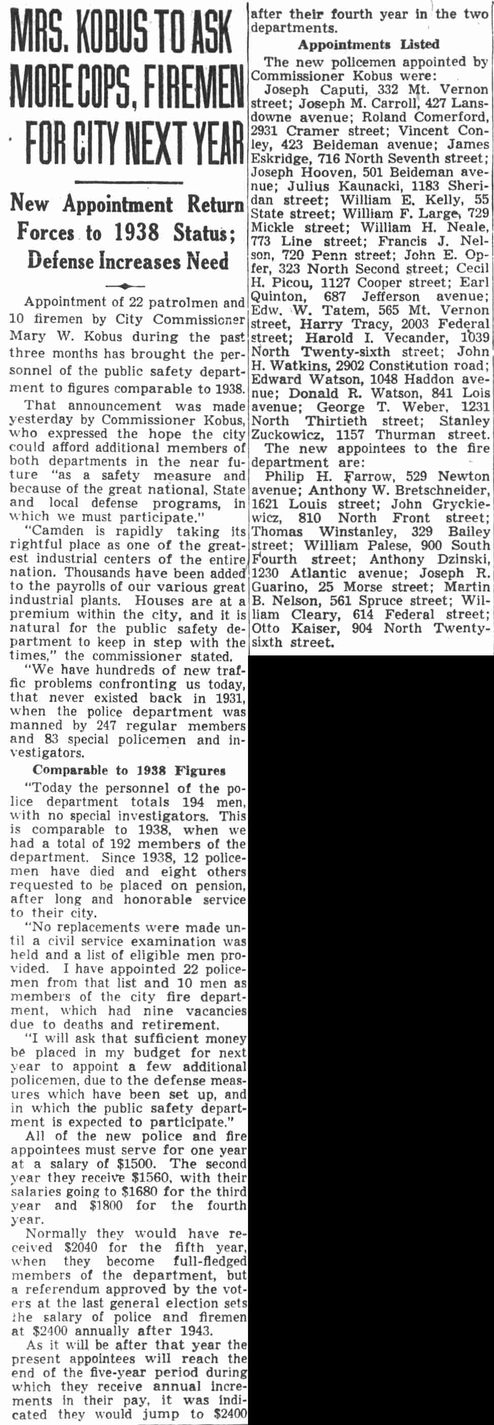 Camden Courier-Post, December 4, 1940 — Mrs. Kobus to Ask More Cops, Firemen for City Next Year