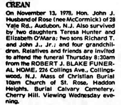 John J. Crean — Camden Courier-Post, November 14, 1978