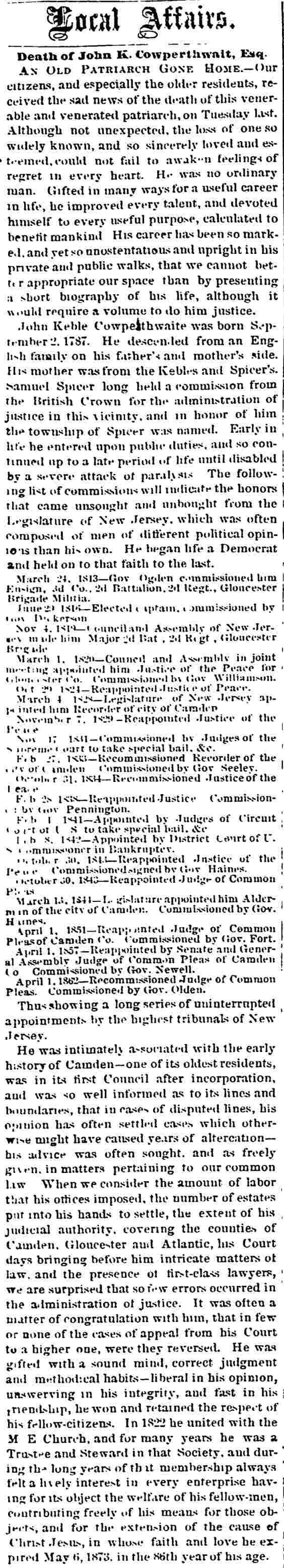 Death of John K. Cowperthwaite, Esq., Camden Democrat, May 10, 1873