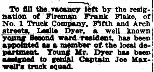 Dyer Appointed to Fire Department — Camden Post-Telegram, May 30, 1917
