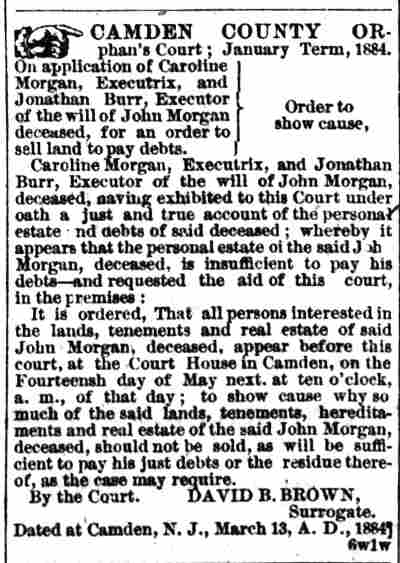 Camden Post, April 18, 1884 — Camden County Orphan's Court notice for John Morgan's estate