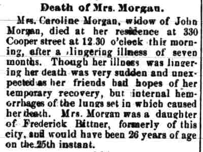Camden Post, September 11, 1885 — Death of Mrs. Caroline Morgan