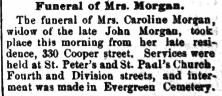 Camden Post, September 15, 1885 — Funeral of Mrs. Caroline Morgan