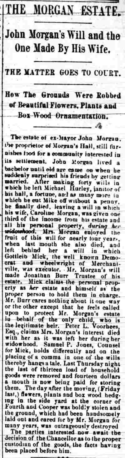 Camden Post, October 10, 1885 — The Morgan Estate — John Morgan's will goes to court
