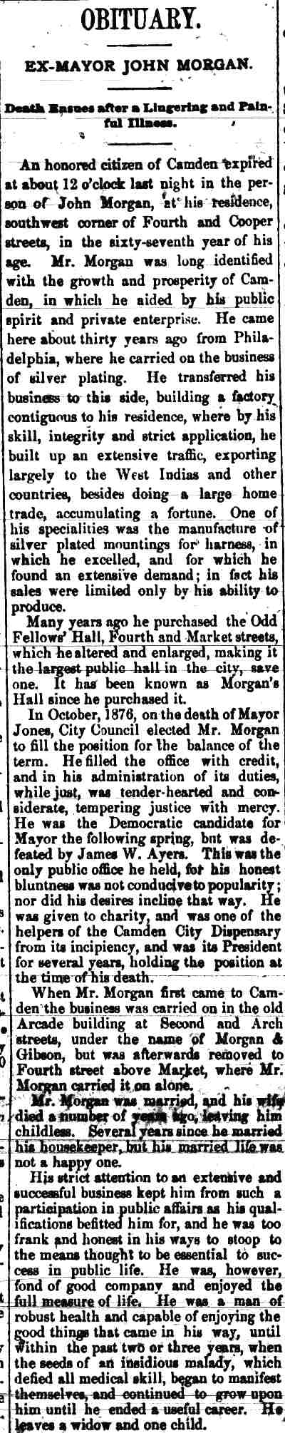 Camden Post, December 6, 1881 — Obituary for Ex-Mayor John Morgan