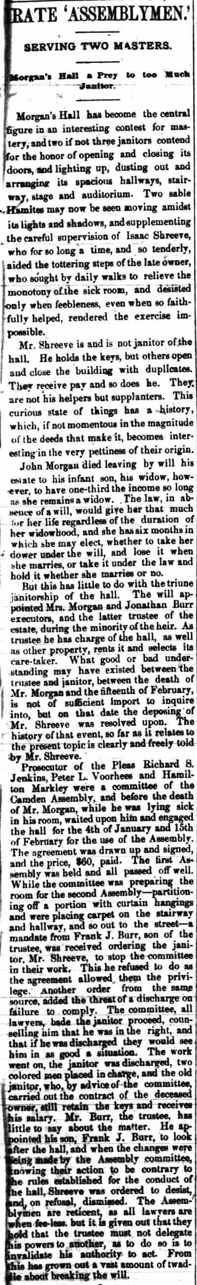Camden Post, March 4, 1882 — Morgan's Hall a Prey to too Much Janitor