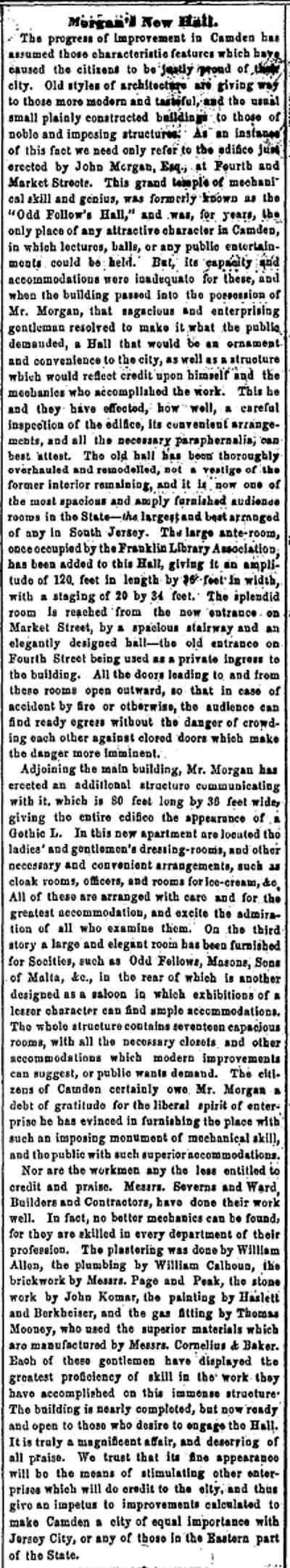 West Jersey Press, January 2, 1867 — Morgan's New Hall
