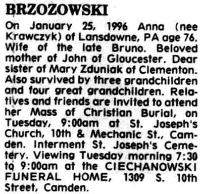 Obituary of Anna (Krawczyk) Brzozowski — Camden Courier-Post, January 29, 1996