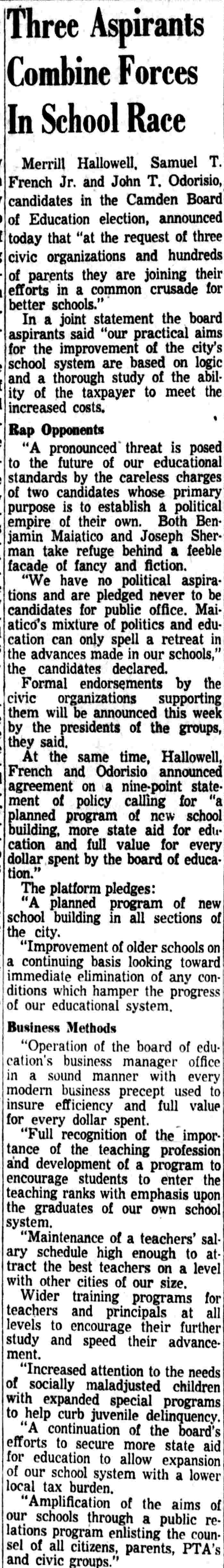 Three Aspirants Combine Forces In School Race — Camden Courier-Post, February 1, 1954