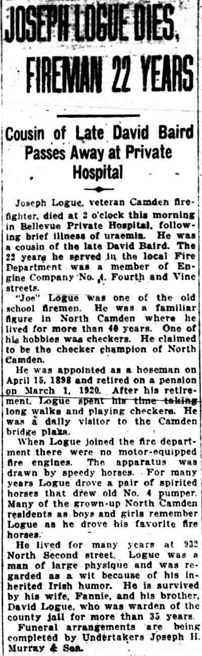 Camden Courier-Post April 20, 1927 — Joseph Logue Dies, Fireman 22 Years
