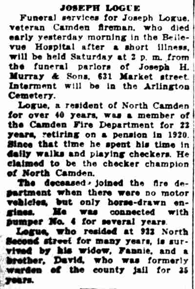 Camden Courier-Post April 21, 1927 — Joseph Logue funeral notice