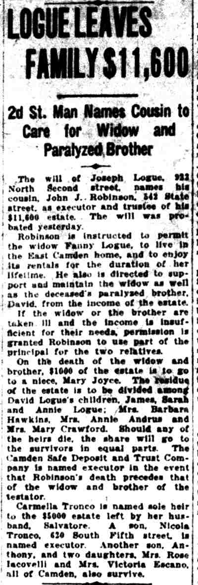 Camden Courier-Post May 14, 1927 — Logue Leaves Family $11,600